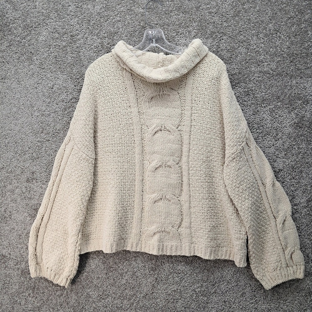 Seven7 Womens Cream Chenille Cable Knit Cowl Neck Sweater Large L 100% Polyester